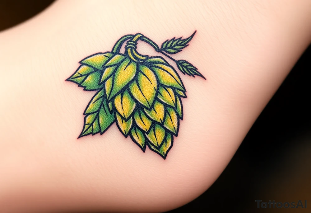 A detailed hop cone with deep green and golden hues, wrapped in barley stalks, symbolizing the essence of brewing tattoo idea