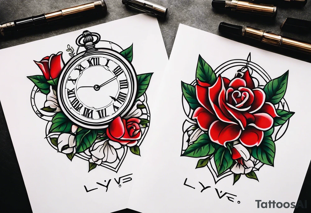 Two pocket watches linked together by a chain spelling "Lyv". Roses and lilies in the background tattoo idea