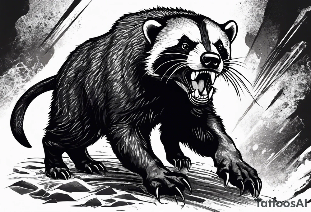Draw me psychopath Fearless Honey Badger/Berserker with aggressive full body, killer face with a scary smile, very long nails and he attacks like a Bloody Assassin/Warrior/Gladiator to us and also, he has very deadly looking. He fights with his nails only. Everybody scares after their first sight. Give me horror type Badger Tattoo. I want to see his Realistic full body with no weapons. You can show destruction at the back. tattoo idea
