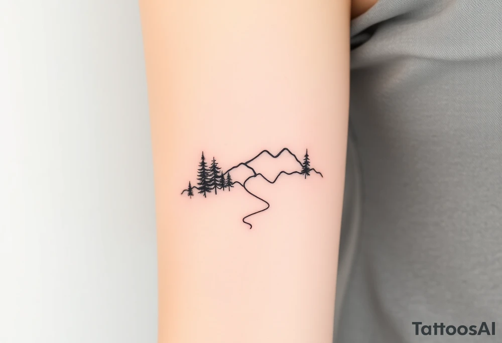 path deveoping zigzag between trees and mountains up the arm tattoo idea