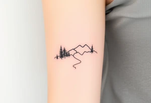 path deveoping zigzag between trees and mountains up the arm tattoo idea