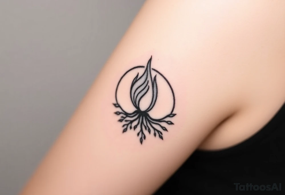 flame in a blooming roots circle tattoo idea