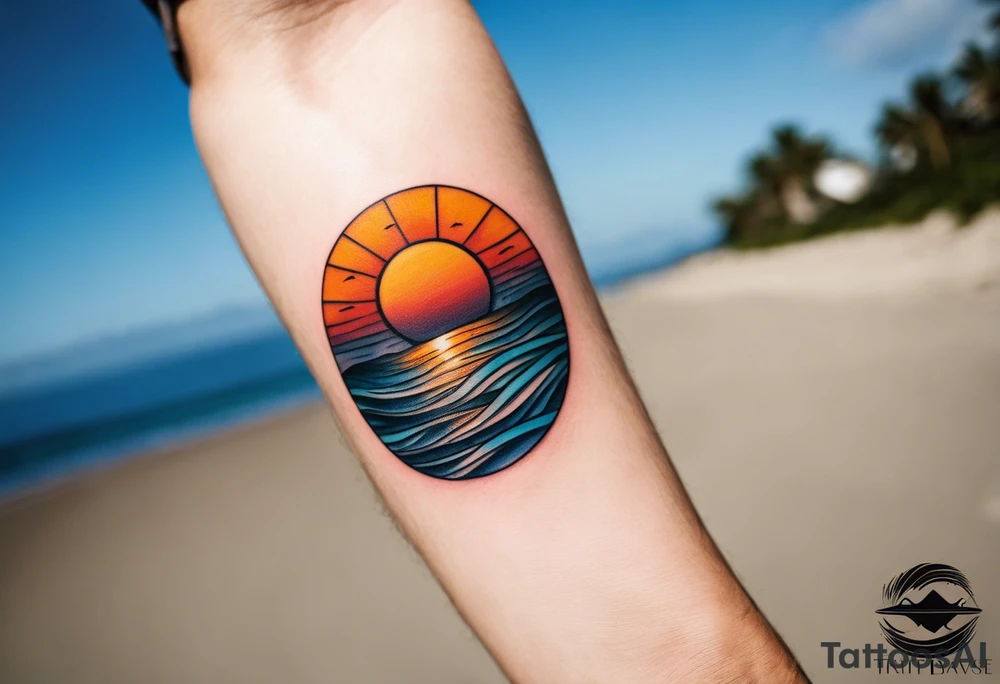 Minimalistic tattoo on male forearm. From the perspective of being on the ocean, the water is calm, with no waves in sight, the sun is setting behind the ocean, reflecting light onto the water. Most importantly, the tattoo in the shape of a rectangle, 4 inches wide by 2 inches tall. tattoo idea