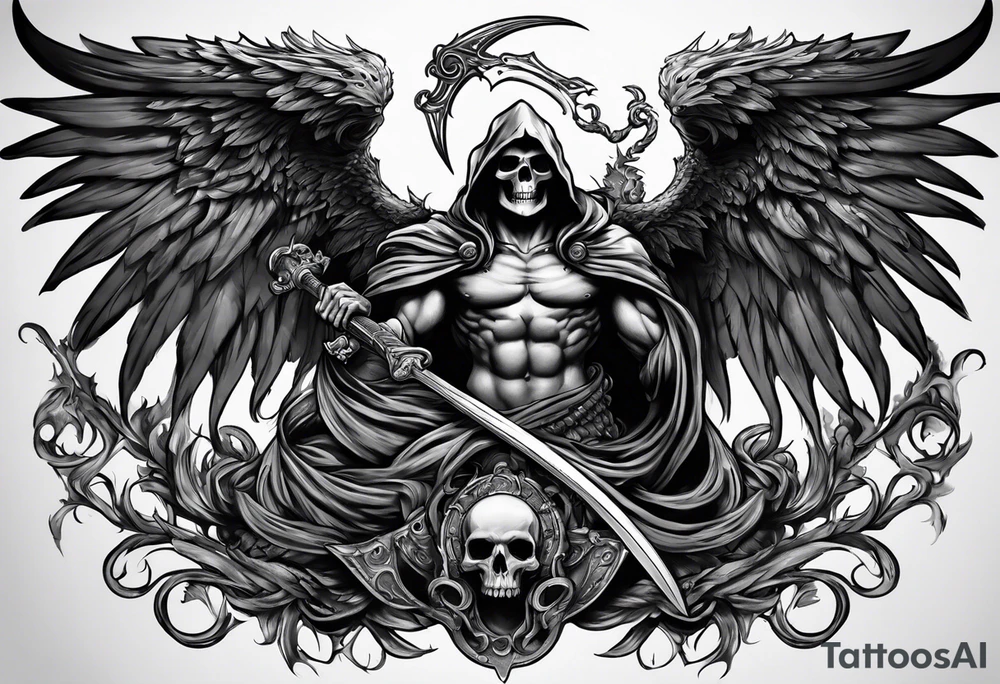 fallen reaper with wings fighting medusa tattoo idea