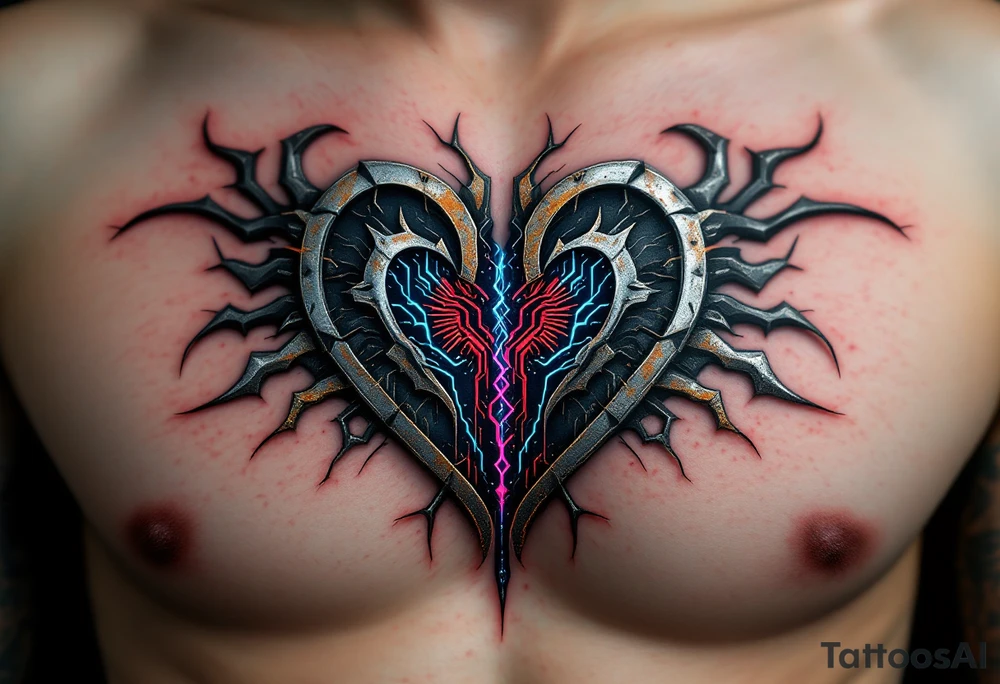 A metallic heart split down the middle, rusting at the edges with neon blue circuitry exposed inside, symbolizing a lost but once-powerful connection. tattoo idea