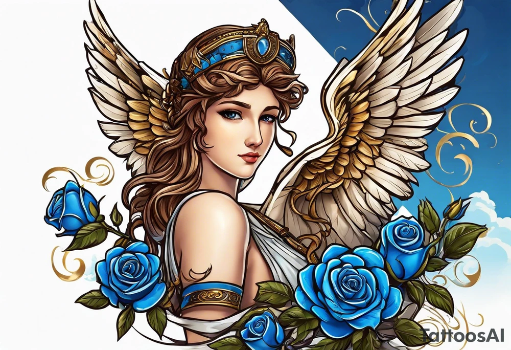 Cupio fly boy wings and a bow,, bacground sea ancient rome gods , blue roses frames tattoo idea