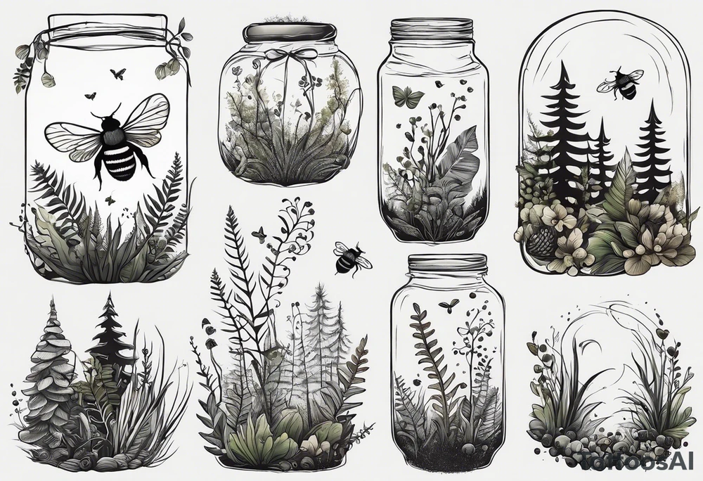 forest floor inspired minimalist tattoo, which includes grass, curly ferns, moss and dead leaves as the bulk of the tattoo. details to include: forest berries, a tiny bumblebee flying nearby, three small brown mushrooms
Generate a vertically long one tattoo idea