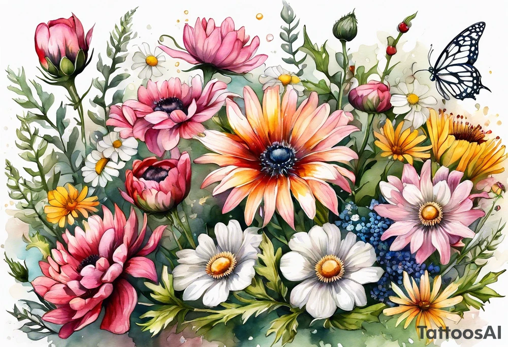 wildflowers cascading with thistles, ferns, white anemones, sun flowers, buttercups, pink flowers, red flowers, babys breath and daisies all in watercolor tattoo idea