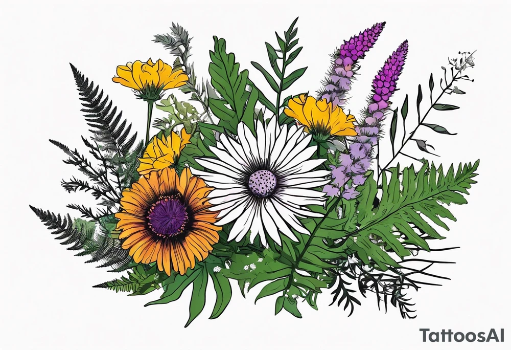 spread out mixed wildflower bouquet with ferns, thistle and with color tattoo idea