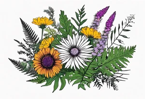 spread out mixed wildflower bouquet with ferns, thistle and with color tattoo idea