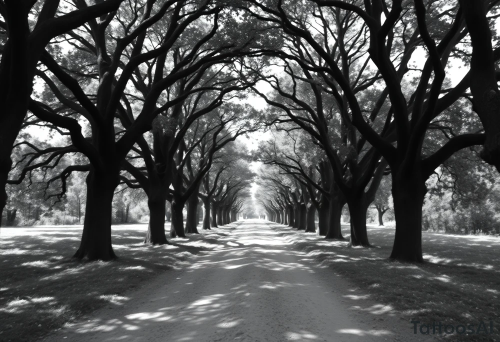 Tree lined dirt road. Road is rough, not smooth. Trees are oak, lining the road unevenly, tight so little light gets through. Branches arch across the road, some meeting in the middle. Dappled sunlight where it hits. Road gets smaller in the distance. Show on upper arm. tattoo idea