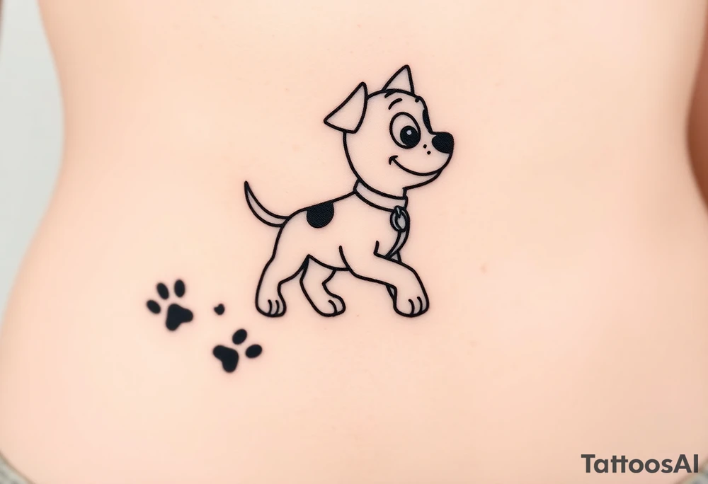 Walking away Marshall a member of Paw Patrol group leaving a realistic textured paw print behind him. tattoo idea