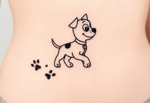 Walking away Marshall a member of Paw Patrol group leaving a realistic textured paw print behind him. tattoo idea