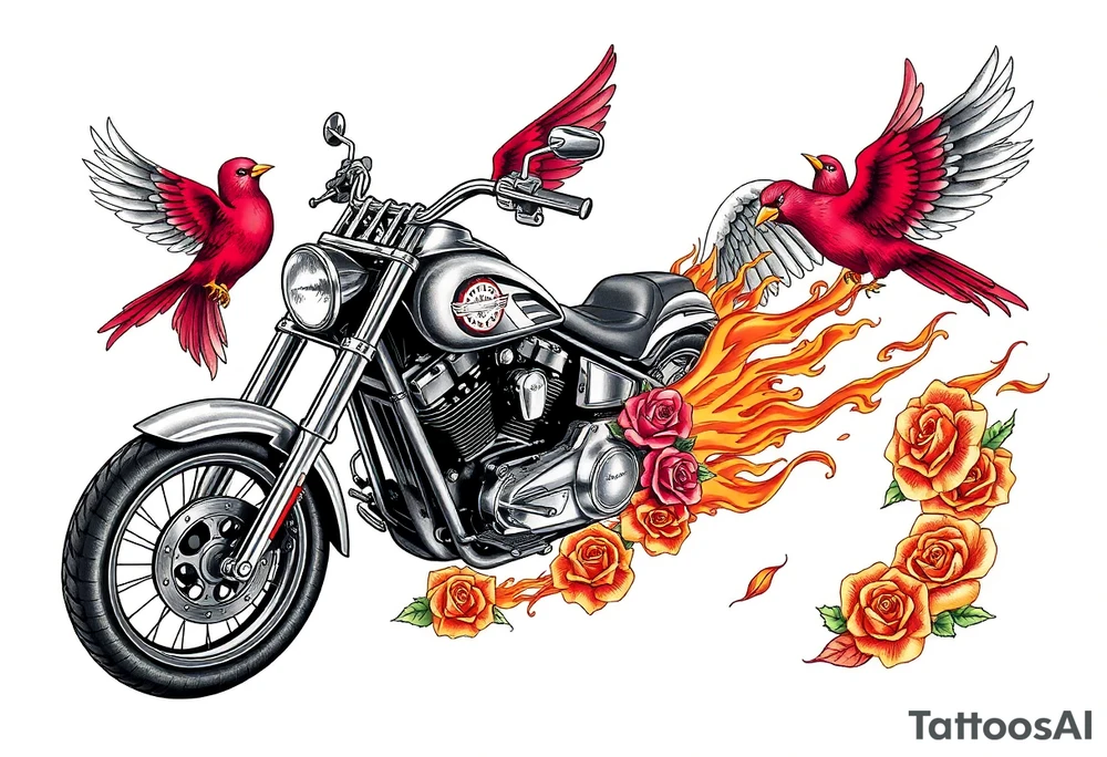 Harley grey motorcycle driving away, two red birds flying, roses, flames, angel wings tattoo idea