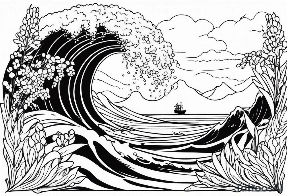 ocean wave surrounded by lupin and fireweed vines tattoo idea