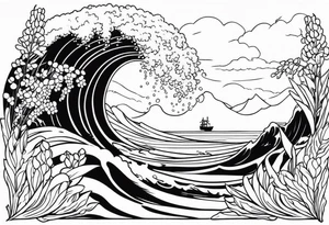 ocean wave surrounded by lupin and fireweed vines tattoo idea
