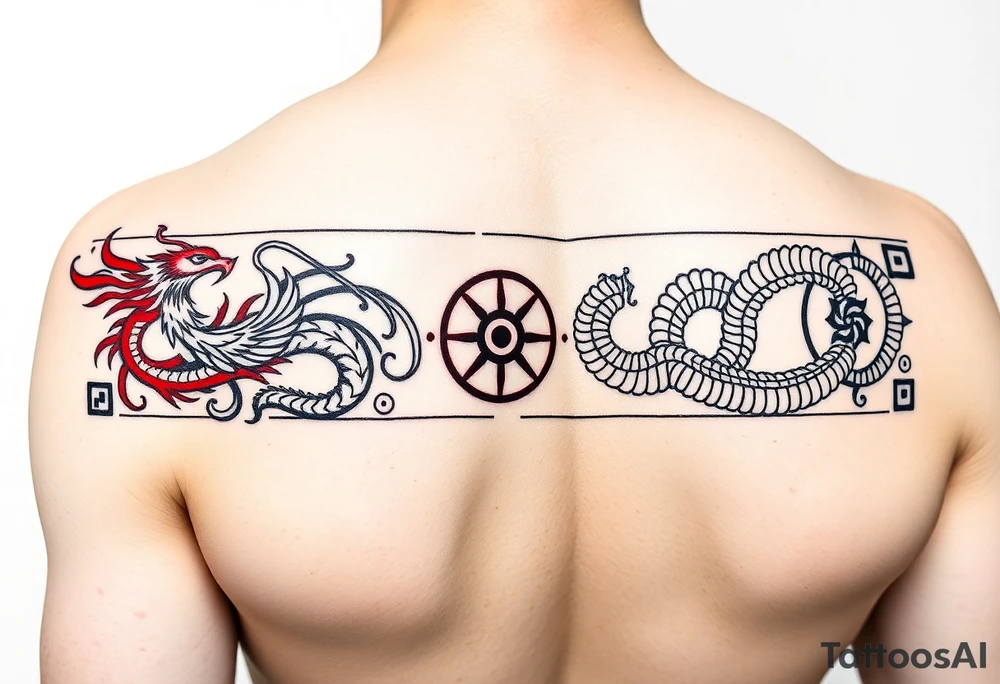 Ultra-thin horizontal neo-tribal tattoo band (5cm height, 50cm length), black and red ink. Greek meander pattern with integrated Chinese phoenix (left, red) and dragon-ouroboros (right, black). Hidden Bagua trigrams in corners. Line art, NO background, designed to wrap around forearm seamlessly. Make the pattern repeatable tattoo idea