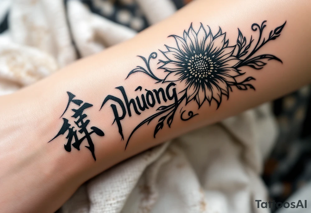 Word "phuong" written with sunflower tattoo idea