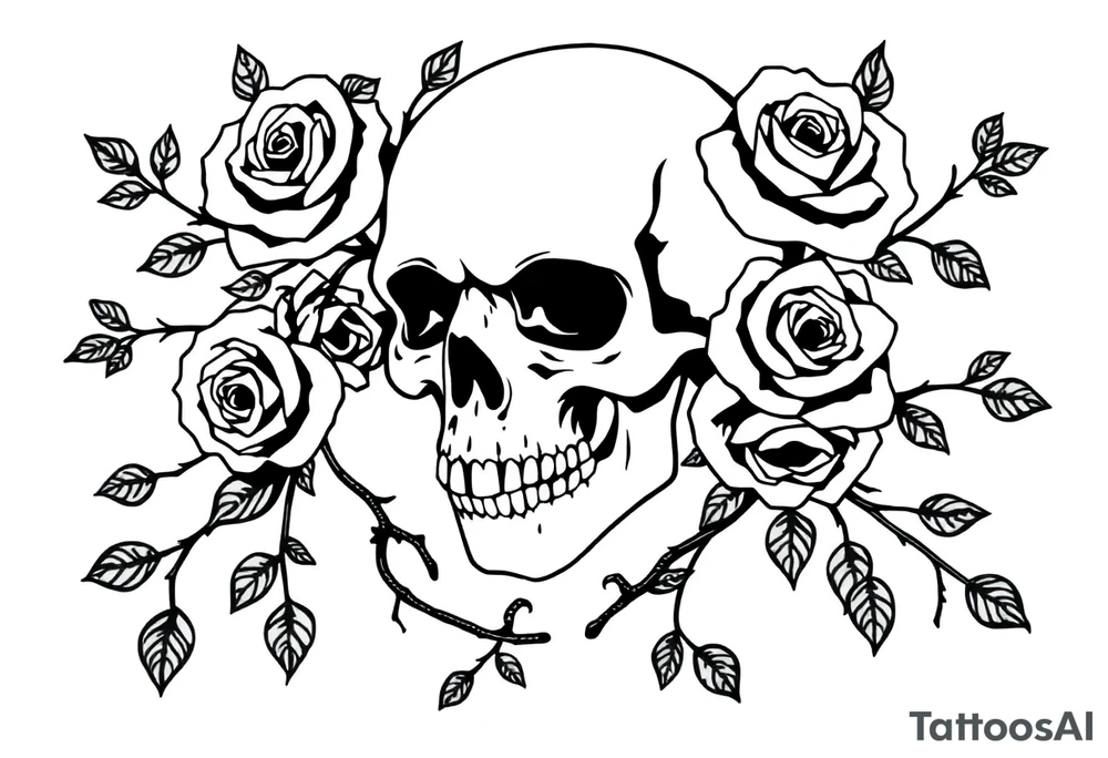 gothic skull intertwined with climbing roses and thorny vines tattoo idea