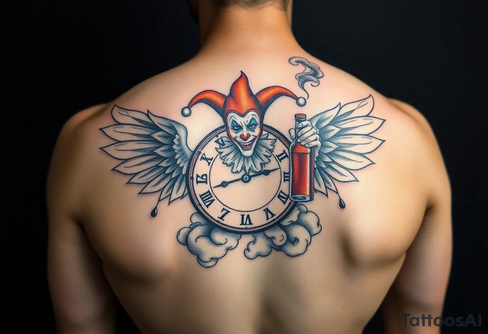 a jester clown floating in smoke with a  clock, the time says 420,  with two open wings besides the clock, smoke as the spring rising from the clock, a jester clown coming out the smoke, smoking in one hand with a liquor bottle on the other hand tattoo idea