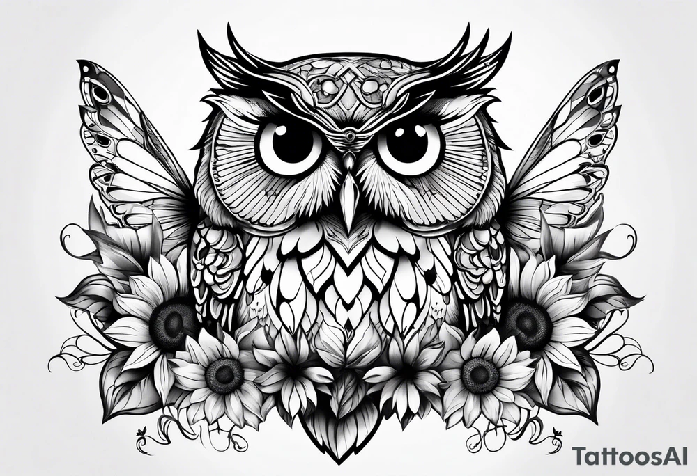 Small owl.with sunflowers and butterflies tattoo idea