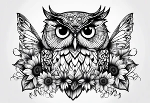 Small owl.with sunflowers and butterflies tattoo idea
