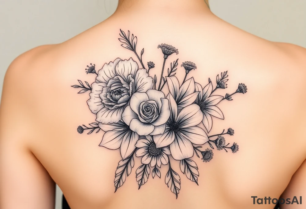 3d realistic Bouquet of flowers with a Carnation, a rose, a lily, a larksper, and aster flowers tattoo idea