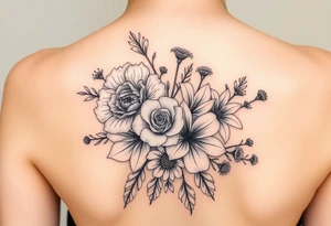 3d realistic Bouquet of flowers with a Carnation, a rose, a lily, a larksper, and aster flowers tattoo idea