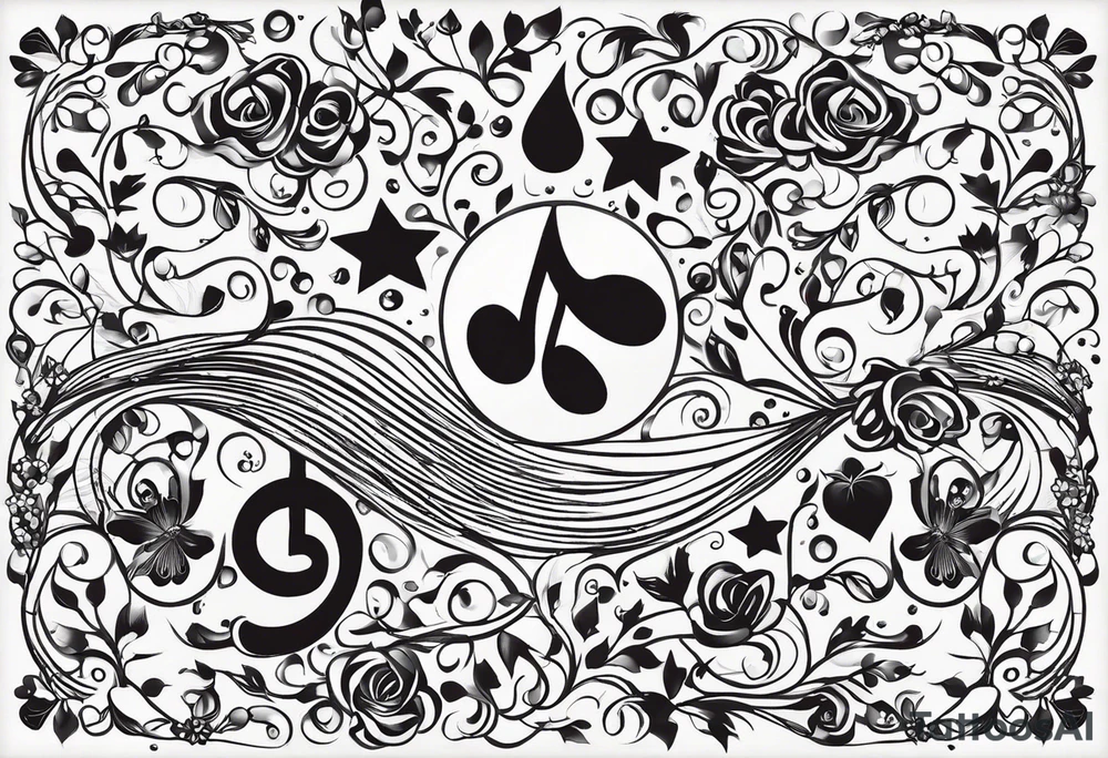 simple icons down the back of the arm featuring four icons:

1. a music note on a staff
2. a wave of water
3. a pocket
4. mushroom tattoo idea