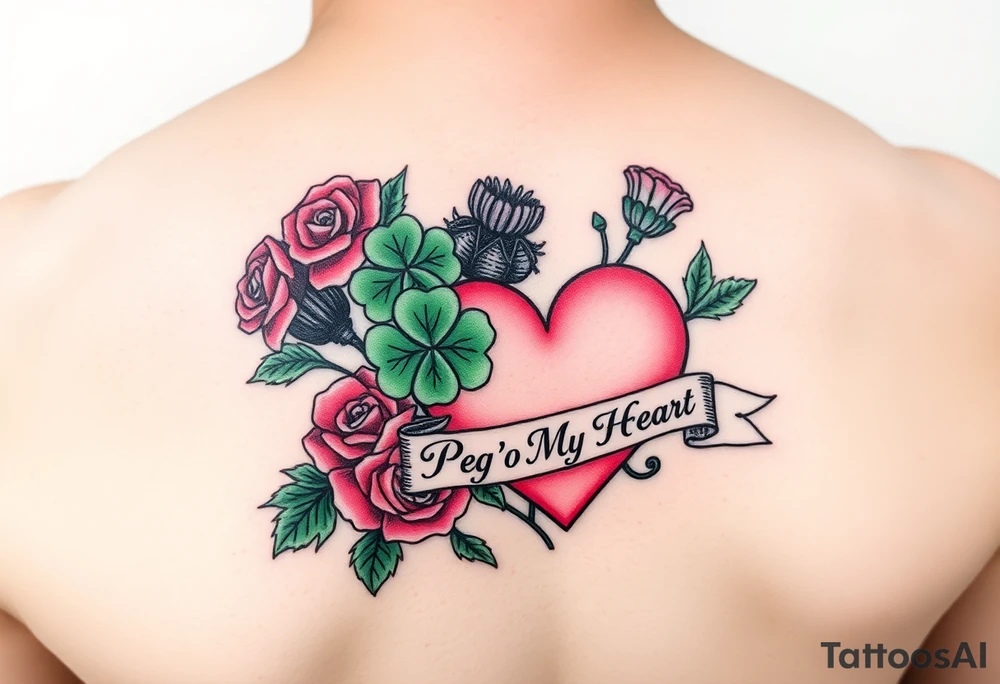 Bunch of Green shamrocks & a few purple thistles and a few red roses with a big Pink heart and a banner across the heart that says " Peg 'o My Heart" tattoo idea