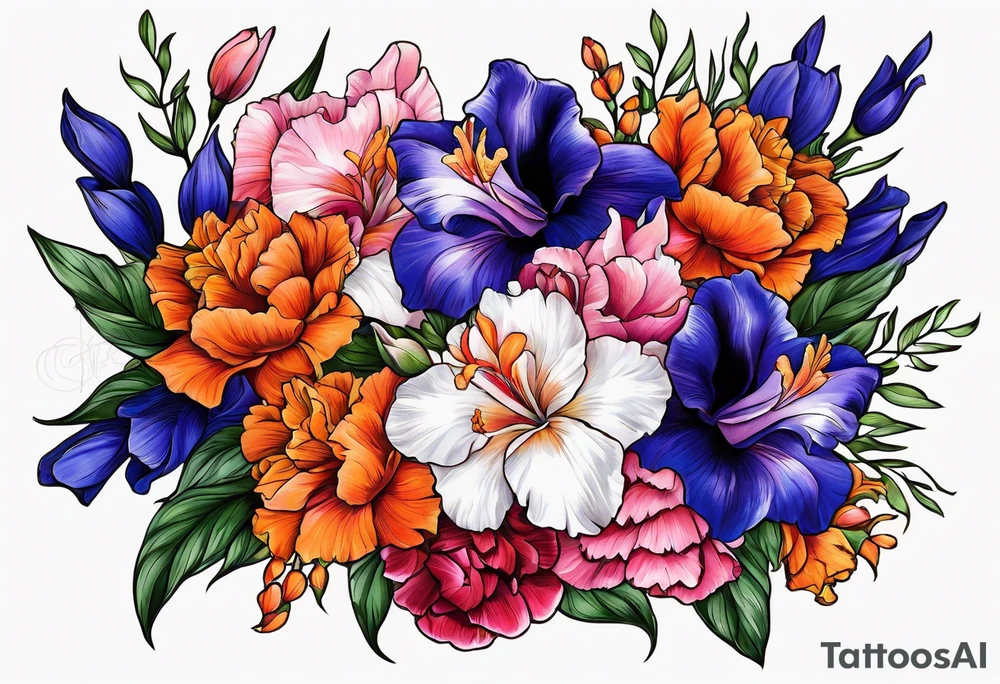 floral tattoo of purple gladiolus flowers, pink peonies, red hawthorns, orange marigold, navy blue sweet peas, and white paper white narcissus tattoo idea