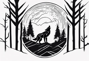 a thunderstorm over a forest and a wolf howling tattoo idea