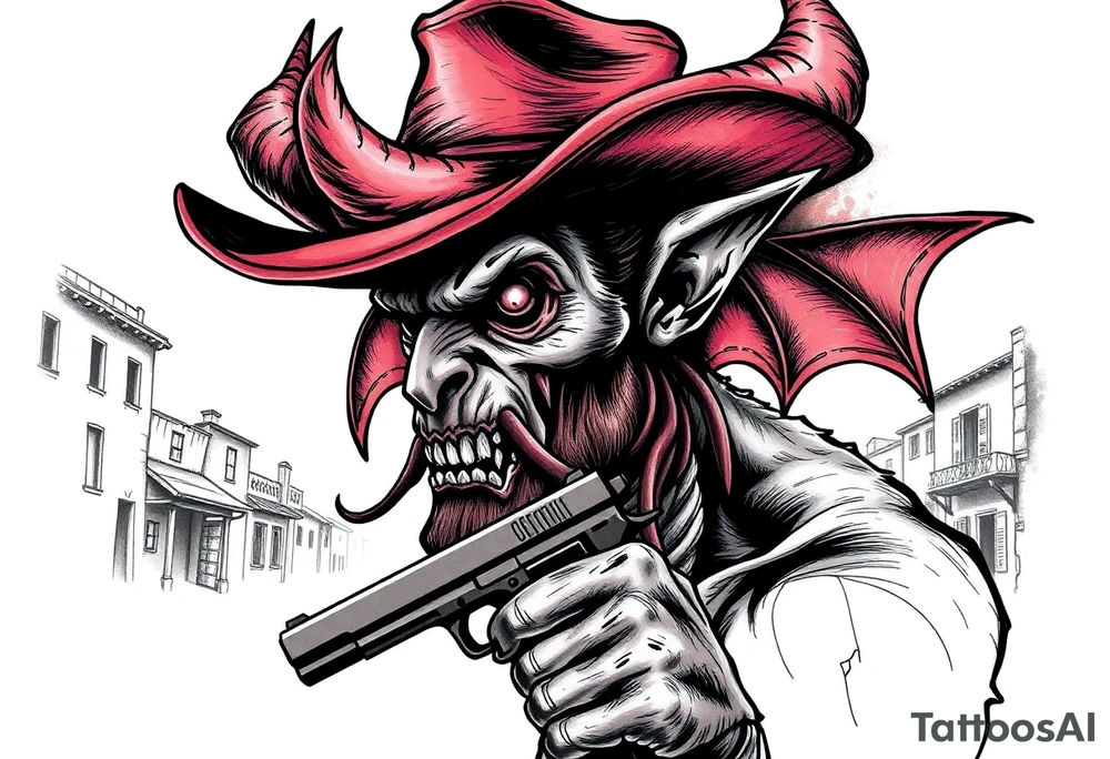 a demon with cowboy-hat ,a gun in a hand, old buildings in the background. tattoo idea