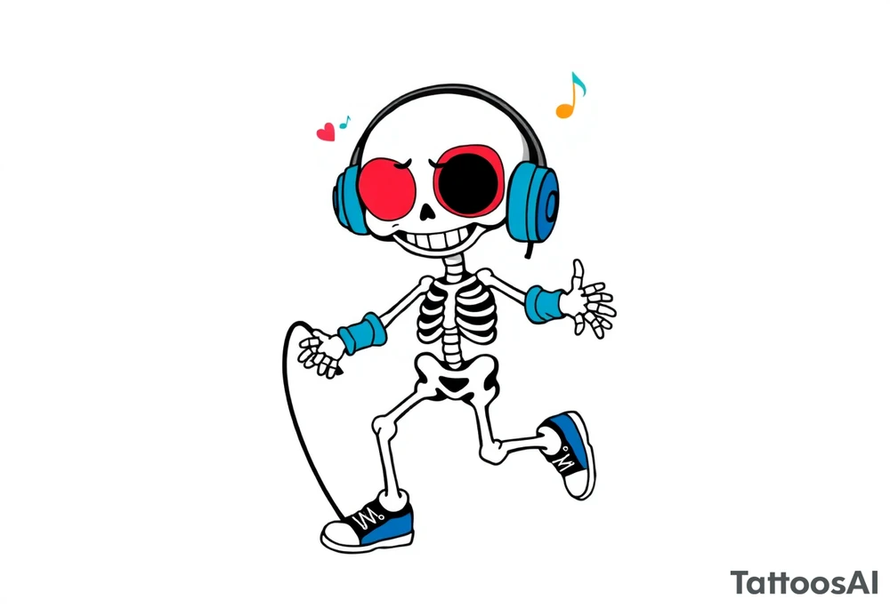 smiley skeleton with red love shape in his eyes jumping on a jump rope with blue headphones and blue armbands and blue sneakers with colorful music notes around his head tattoo idea
