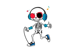 smiley skeleton with red love shape in his eyes jumping on a jump rope with blue headphones and blue armbands and blue sneakers with colorful music notes around his head tattoo idea