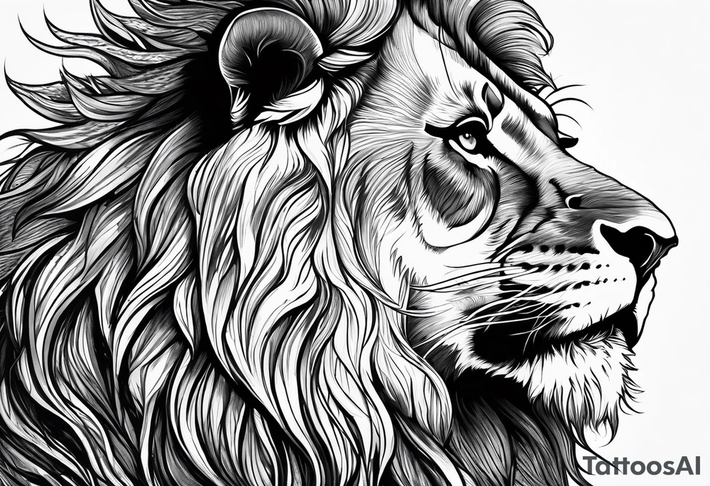 A roaring lion’s face with a flowing mane, emphasizing strength and courage, detailed fur textures tattoo idea