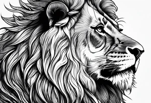 A roaring lion’s face with a flowing mane, emphasizing strength and courage, detailed fur textures tattoo idea