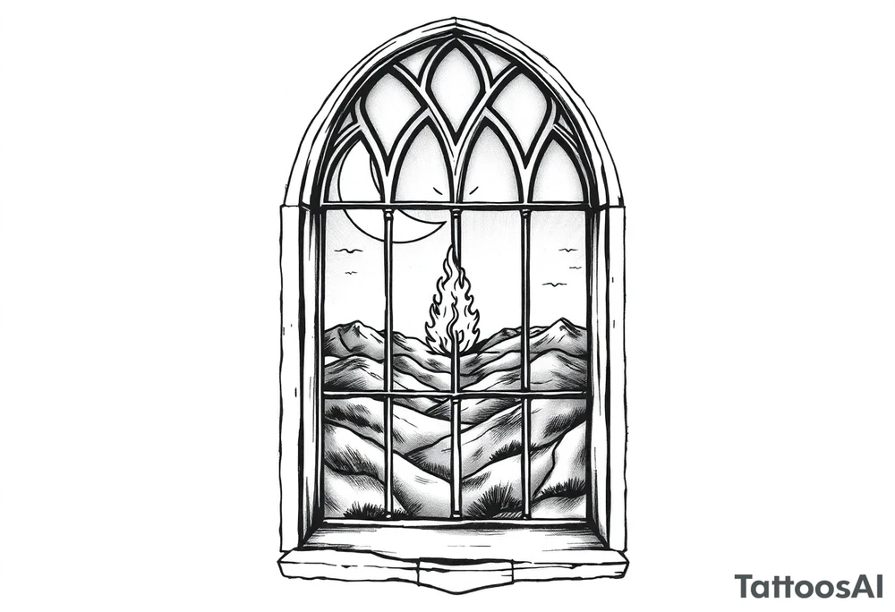 Tall church window with stained glass showcasing crescent moon over a hilly landscape as a fire burns in the distance tattoo idea