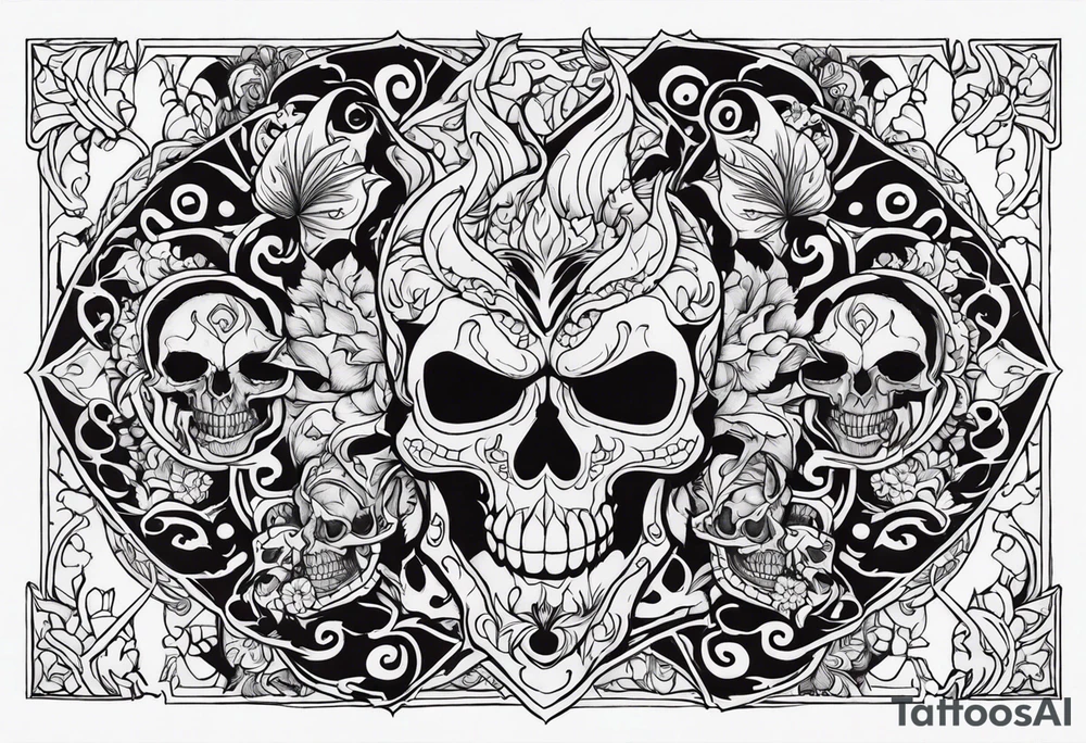 Name KIHURANI with background of skulls and demons while burning tattoo idea
