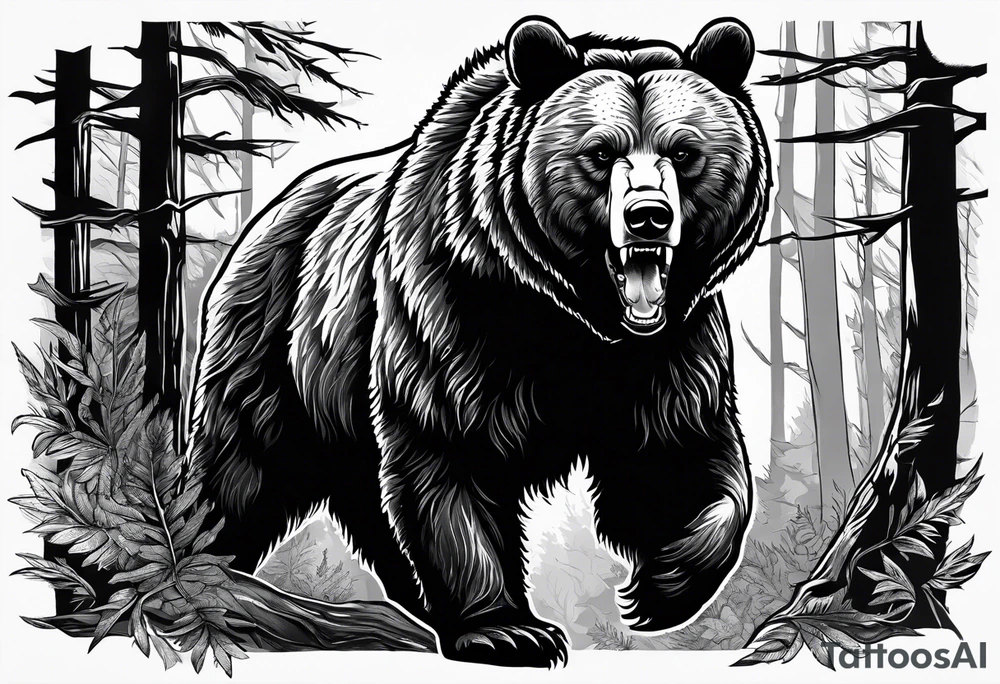 Realistic Bear growling. They are in a cloudy forest. With fierce warriors in the background tattoo idea