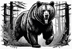 Realistic Bear growling. They are in a cloudy forest. With fierce warriors in the background tattoo idea