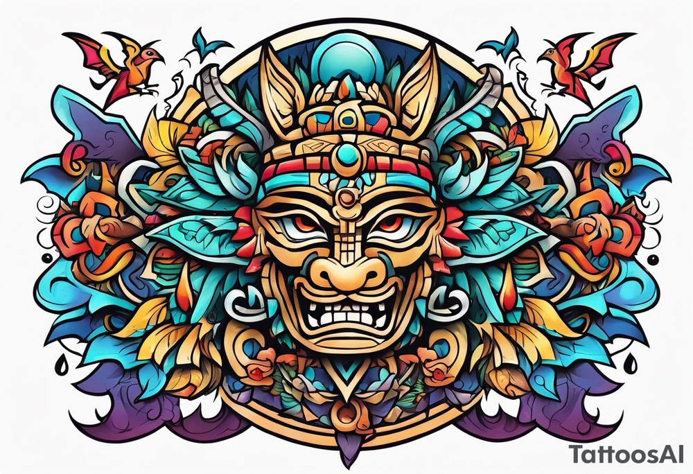 Colorful Mayan hieroglyph with bats and water tattoo idea