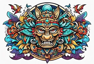 Colorful Mayan hieroglyph with bats and water tattoo idea