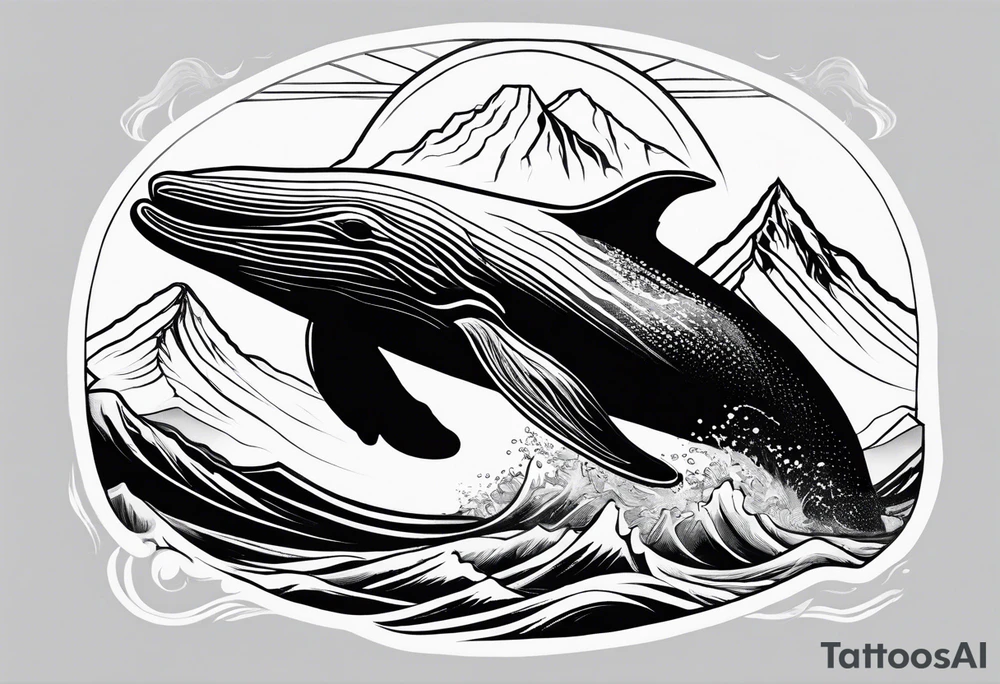 breaching humpback whale with a drawing of the Rocky mountains inside of it's tale tattoo idea