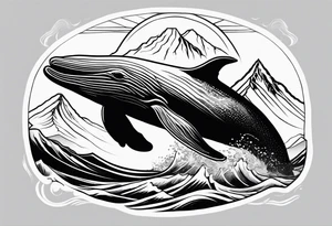 breaching humpback whale with a drawing of the Rocky mountains  inside of it's tale tattoo idea