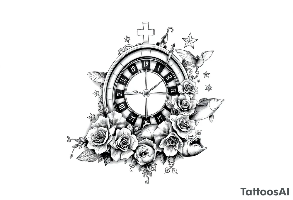 Roulette casino and princess and jesus on cross, baby angels, roses and clock and stars and fish tattoo idea