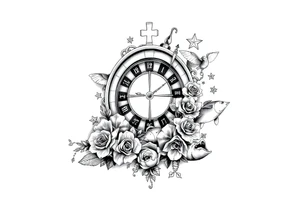 Roulette casino and princess and jesus on cross, baby angels, roses and clock and stars and fish tattoo idea