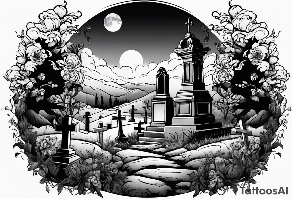 Cemetery on hills with smoke and moon tattoo idea