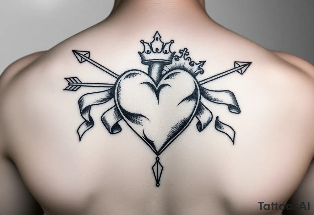heart pierced by arrow with flowing ribbons princess crown festhers tattoo idea