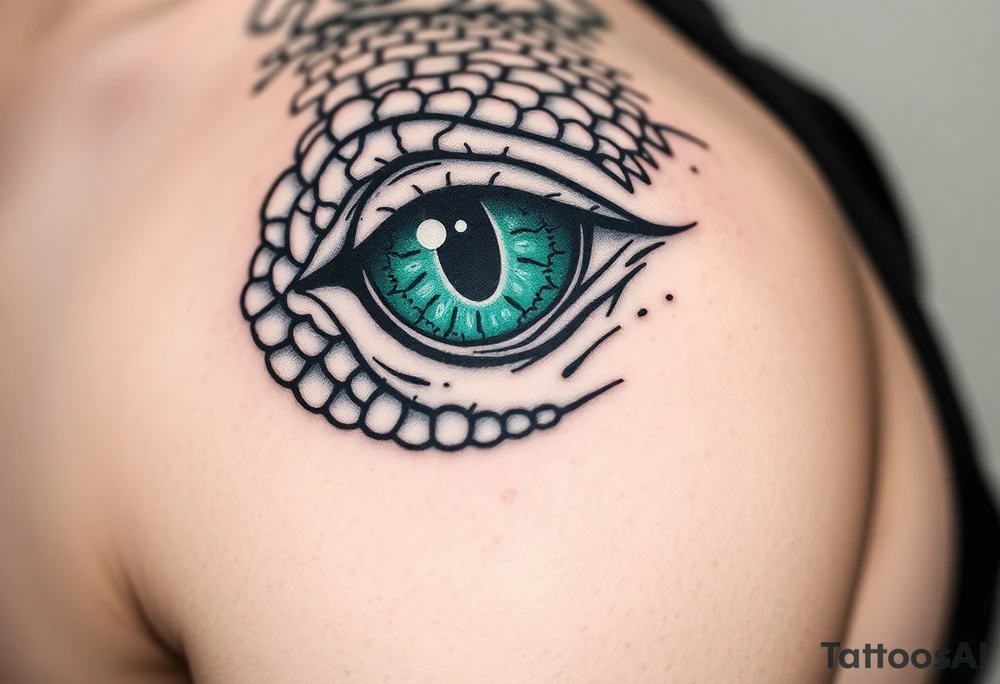 "A hyper-detailed close-up of a lizard eye, realistic scales texture, emerald green and black ink style, small tattoo design (3-5 cm), sharp lines, stippling shading, minimalist background, high contrast, suitable for forearm or wrist. Trending on Pinterest, Behance. Do not include full face, only the eye area. tattoo idea